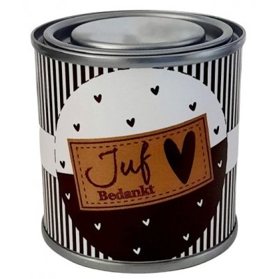 Blikje juf zwart wit bruin hartjes.