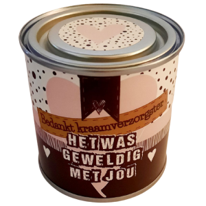 Blikje bedankt kraamverzorgster het was geweldig met jou roze.