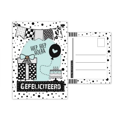 109.Kaart A6 met tekst ''Hiep hiep hoera gefeliciteerd .''.