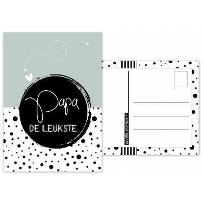A6 kaart met tekst ''Papa de leukste'' zwart wit gestipt.