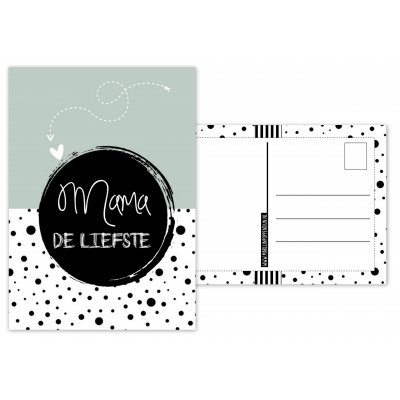 A6 kaart met tekst ''Mama de liefste'' zwart groen gestipt.