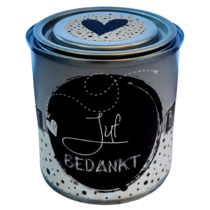 Blikje met tekst juf bedankt 6 cm bij 6.2 cm. zwart groen gestipt.