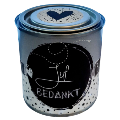 Blikje met tekst juf bedankt 7.3 cm bij 7.7 cm. zwart groen gestipt.
