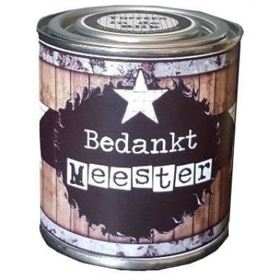 Blikje bedankt meester zwart bruin.