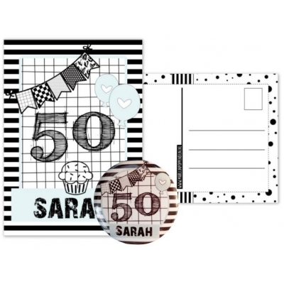 Kaart Sarah met button 56mm. 
