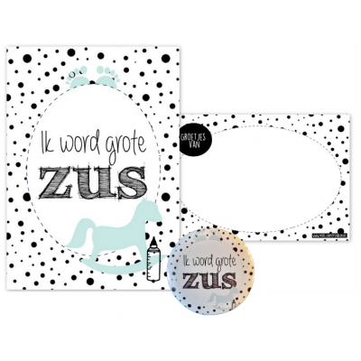 A6 Kaart met button met tekst ''Ik word grote zus''.