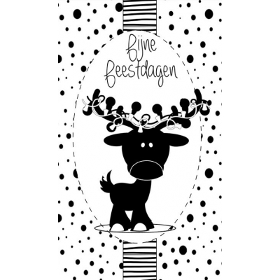 Klein bedank kaartje met tekst ''fijne feestdagen.'' 5 bij 8,5 cm hert zwart wit.