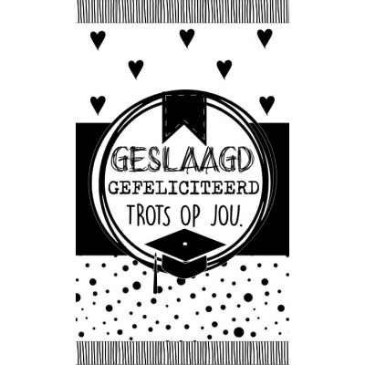 Klein bedank kaartje met tekst ''Geslaagd gefeliciteerd trots op jou.'' 5 bij 8,5 cm zwart wit.