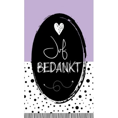 Klein bedank kaartje met tekst ''Juf bedankt.'' 5 bij 8,5 cm paars zwart wit gestipt.