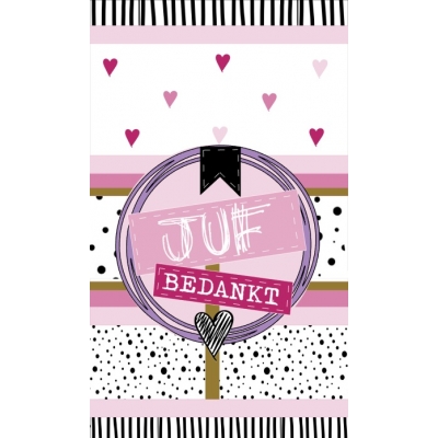 Klein bedank kaartje met tekst ''Juf bedankt.'' 5 bij 8,5 cm pastel kleuren.
