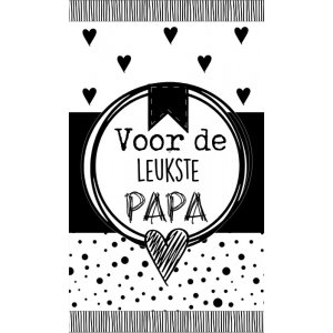 Klein bedank kaartje met tekst ''Voor de leukste papa.'' 5 bij 8,5 cm zwart wit.