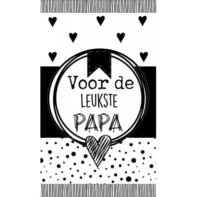 Klein bedank kaartje met tekst ''Voor de leukste papa.'' 5 bij 8,5 cm zwart wit.