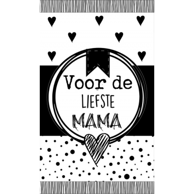 Klein bedank kaartje met tekst ''Voor de liefste mama'' 5 bij 8,5 cm zwart groen gestipt.