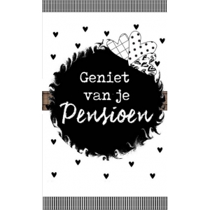 63.Klein bedank kaartje met tekst ''Geniet van je pensioen'' 5 bij 8.5 cm.