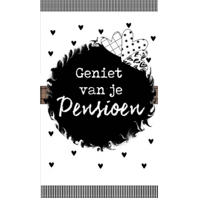 63.Klein bedank kaartje met tekst ''Geniet van je pensioen'' 5 bij 8.5 cm.