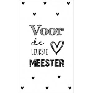 10.Kaartje met tekst ''Voor de leukste meester'' 5 bij 8.5 cm.