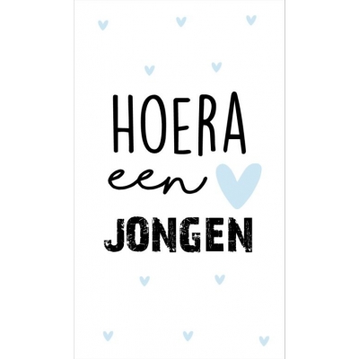 16.Kaartje met tekst ''Hoera een jongen'' 5 bij 8.5 cm.