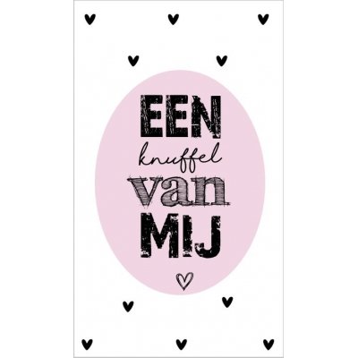 17.Kaartje met tekst ''een knuffel van mij'' 5 bij 8.5 cm.