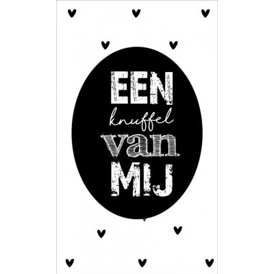 19.Kaartje met tekst ''een knuffel van mij'' 5 bij 8.5 cm.