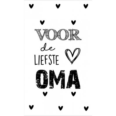 3.Kaartje met tekst ''Voor de liefste oma'' 5 bij 8.5 cm.