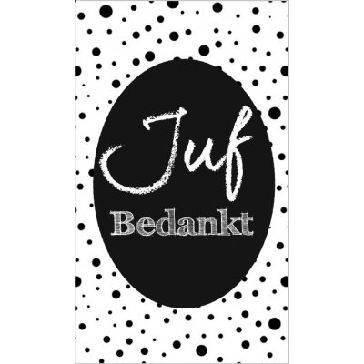 34.Klein bedank kaartje met tekst ''Juf bedankt''zwart 5 bij 8.5 cm.