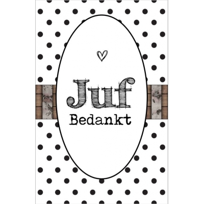 38.Kaartje met tekst ''Juf bedankt'' 5 bij 8.5 cm.