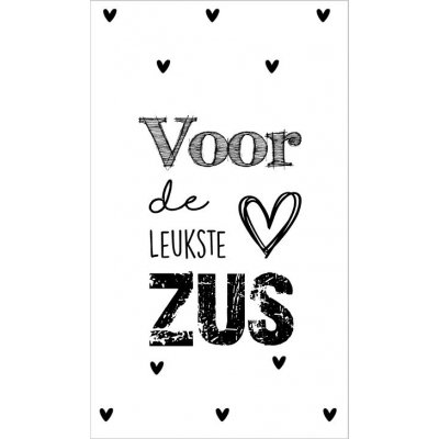 5.Kaartje met tekst ''Voor de leukste zus'' 5 bij 8.5 cm.