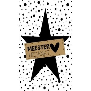 50.Klein bedank kaartje met tekst ''Meester bedankt'' 5 bij 8.5 cm.