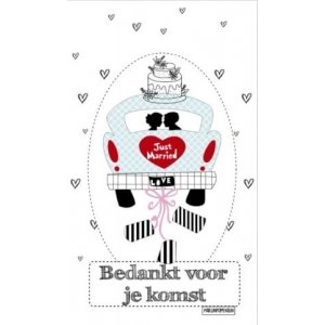 61.Kaartje met tekst ''Bedankt voor je komst '' 5 bij 8.5 cm.