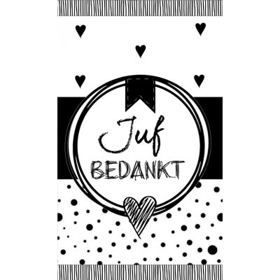 Klein bedank kaartje met tekst ''Juf bedankt.'' 5 bij 8,5 cm zwart wit.