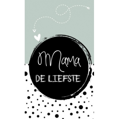 Klein bedank kaartje met tekst ''Mama de liefste'' 5 bij 8,5 cm zwart groen gestipt.