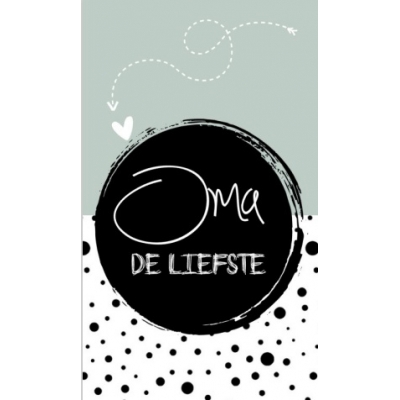 Klein bedank kaartje met tekst ''Oma de liefste'' 5 bij 8,5 cm zwart groen gestipt.
