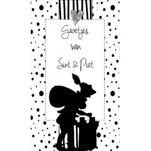 Klein bedank kaartje met tekst ''Groetjes van sint & piet.'' 5 bij 8,5 cm .zwarte piet.