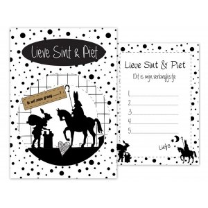 A6 kaart met tekst ''Lieve Sint & Piet ik wil zoooo graag" op de achter zijde verlanglijstje, met label bruin.