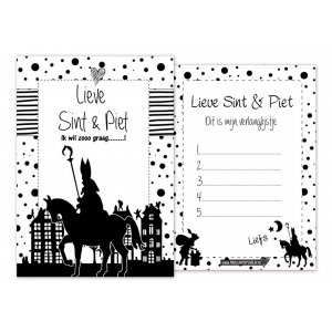 A6 kaart sinterklaas met tekst ''Lieve Sint & Piet ik wil zoooo graag" op de achter zijde verlanglijstje.