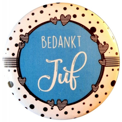 Spiegeltje met tekst ''Juf bedankt''. 56mm. blauw.