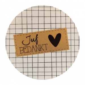 Sticker 4 cm met tekst ''juf Bedankt ''.geruit.