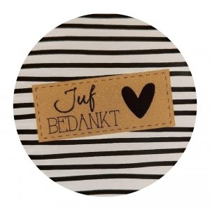 Sticker 4 cm met tekst ''Juf Bedankt ''.gestreept.