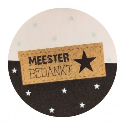 Sticker 4 cm met tekst ''Meester Bedankt ''.zwart wit blauwe ster.