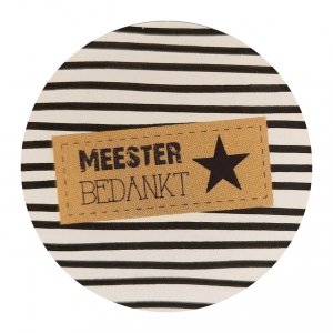 Sticker 4 cm met tekst ''Meester Bedankt ''.gestreept.