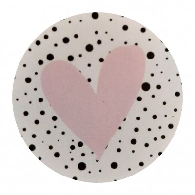 Sticker 4 cm met roze hart gestipt.